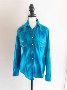 Panhandle Turquoise/Blue Pearl Snap Western Shirt Cotton Size Small